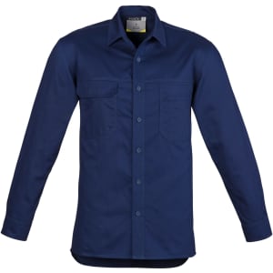 A lightweight men's long sleeve shirt in navy with two chest pockets and a logo.