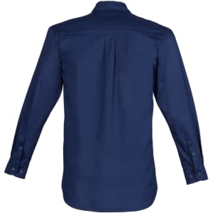 A long sleeve shirt in navy, featuring a back pleat and buttoned cuffs, with a logo on the fabric.