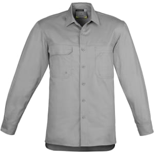 A lightweight long sleeve shirt in grey with two chest pockets and a button-up front, featuring a logo.