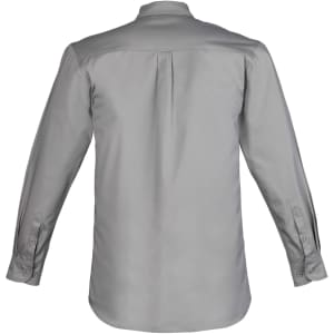 A grey long sleeve work shirt for men, featuring a button-up design and a pleated back. Includes a logo.