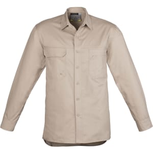 A long sleeve shirt in light beige, featuring two front pockets and a collar, with a logo on the label.