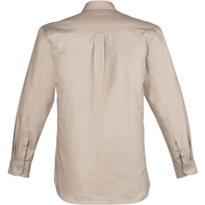 A beige long sleeve shirt with a back pleat and buttoned cuffs, featuring a logo. Ideal for workwear.