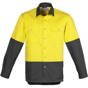 A long sleeve work shirt featuring a bright yellow upper section and dark grey lower section, with two chest pockets and a logo.