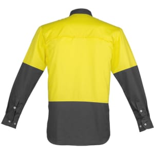 A men's long sleeve work shirt in high visibility yellow and grey, featuring a logo on the back.