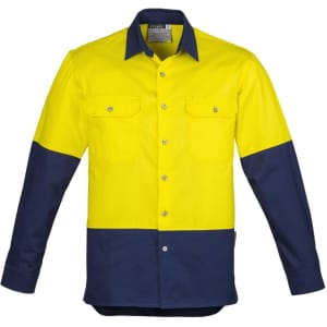 A long sleeve work shirt featuring a bright yellow upper section and navy blue sleeves and lower area. It has two chest pockets and a logo.