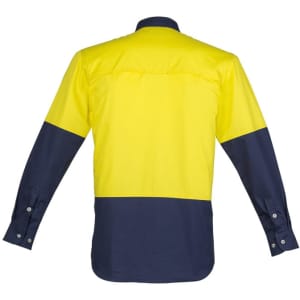 Long sleeve work shirt featuring a bright yellow upper and navy blue lower section, with a logo on the front.