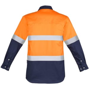 A long sleeve work shirt featuring orange and navy colours with reflective hoop tape. It includes a logo.