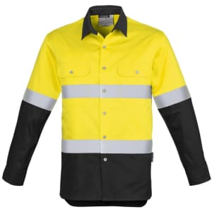 A long sleeve work shirt featuring yellow and black colours with reflective hoop tape accents and a logo.