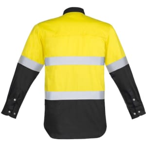A long sleeve work shirt in yellow and black, featuring reflective hoop tape elements and a logo on the chest.