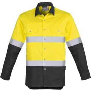A high-visibility long sleeve shirt in yellow and black with reflective hoop tape and a logo.