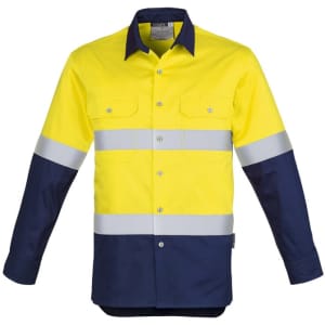 A long sleeve men's work shirt in high-visibility yellow and navy, featuring reflective hoop tape and a logo.