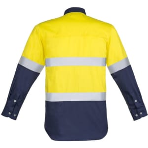 A long sleeve work shirt in bright yellow and navy, featuring hoop taping for visibility and a branded logo.