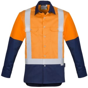 A long sleeve work shirt in bright orange and navy blue, featuring reflective tape and front pockets, with a logo.