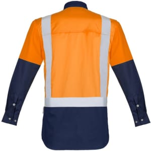A long sleeve work shirt featuring shoulder tape, in orange and navy blue colours. The shirt has a logo.