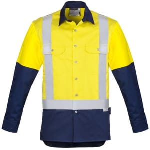 A long sleeve industrial shirt in bright yellow and navy blue, featuring shoulder tape and two chest pockets.