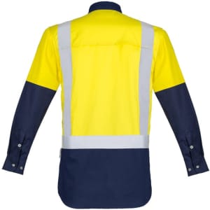 A long sleeve work shirt featuring a bright yellow body and navy blue sleeves, with reflective shoulder tape.