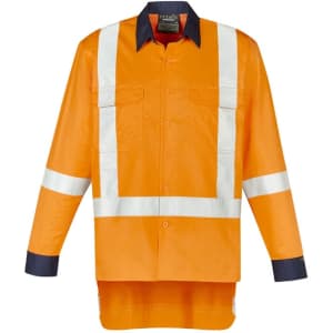 An orange work shirt with navy blue collar and reflective stripes, featuring long sleeves and a button-up front.