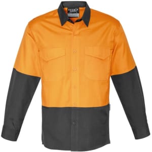 A long sleeve work shirt in orange and black with a logo, featuring two front pockets and a button-up design.