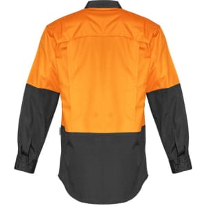 A long sleeve work shirt featuring a black body and bright orange sleeves, designed for high visibility.