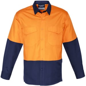 A long sleeve work shirt in orange and navy, featuring two chest pockets and a logo on the label.
