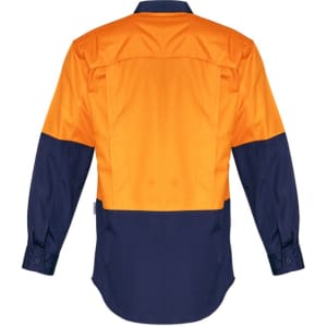A long sleeve work shirt in orange and navy, featuring a logo on the back and a rugged design.