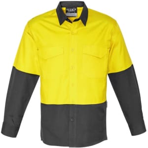 A long sleeve work shirt in hi-vis yellow and black, featuring two front pockets and a logo.