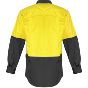 A long sleeve work shirt featuring a high-visibility yellow upper and black lower sections, with a logo.