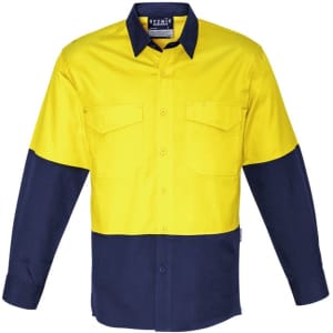 A long sleeve work shirt in bright yellow and navy blue with a logo, featuring two chest pockets.