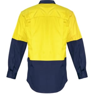 A long sleeve shirt in hi-vis yellow and navy, featuring a back design and a logo on the garment.