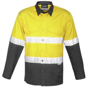A long sleeve work shirt in high visibility yellow and dark grey, featuring reflective tape and a logo.