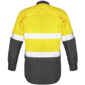 A long sleeve work shirt in hi-vis yellow and dark grey, featuring reflective tape across the chest and sleeves.