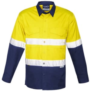 A long sleeve work shirt in bright yellow and navy, featuring reflective tape and a logo.