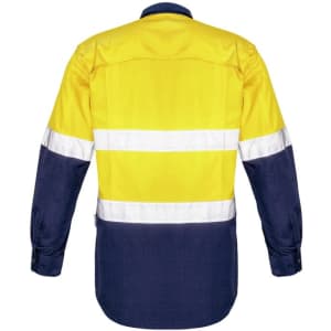 A long sleeve shirt featuring a yellow upper section and navy lower section, with reflective tape stripes and a logo.