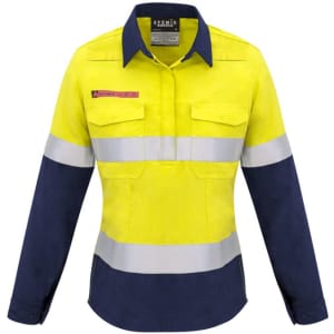 A women's long-sleeve safety shirt featuring a vibrant yellow and navy design, with reflective tape and a logo.