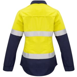 A women's long-sleeve safety shirt featuring a yellow and navy design with reflective tape. Includes a logo.