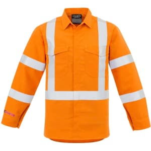 A high-visibility orange shirt featuring reflective stripes and a chest pocket, with long sleeves and a logo.