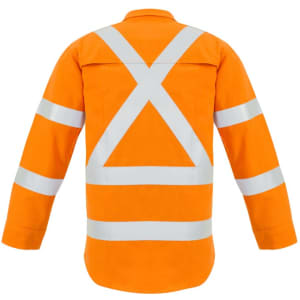 A hi-vis orange shirt featuring reflective stripes in an X-back design, designed for workwear.