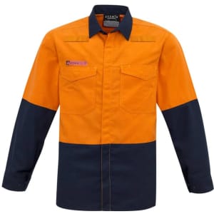 A hi-vis spliced shirt featuring orange and navy colours, with two chest pockets and a branded logo.
