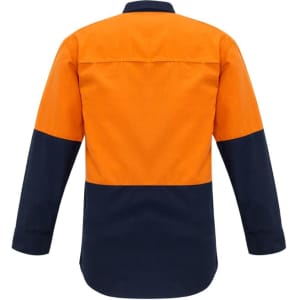 A hi-vis spliced shirt in orange and navy blue, featuring long sleeves and a logo on the fabric.