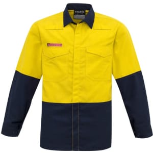 A high-visibility work shirt featuring a bright yellow top and navy blue sleeves, with a logo on the chest.