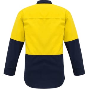 A men's hi-vis spliced shirt featuring a bright yellow upper half and navy blue lower half, with long sleeves.