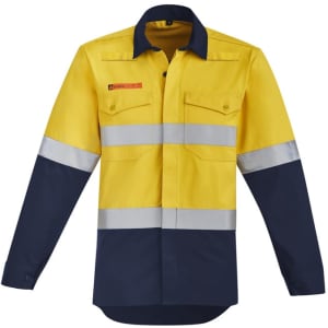 A mens hi-vis shirt featuring orange flames, hoop tape, and a spliced design in yellow and navy. It includes two front pockets and has a logo.