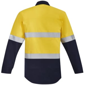 Hi-vis work shirt in orange and navy blue with hoop-taped reflective strips. Features a spliced open front design.