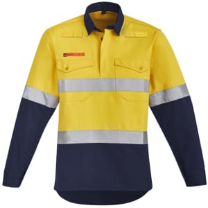 Hi-vis work shirt featuring orange and navy blue colours with reflective hoop tape for visibility. Includes dual chest pockets and a logo.