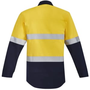 A high-visibility shirt in orange and navy, featuring hoop tape and a closed front design, with reflective stripes.