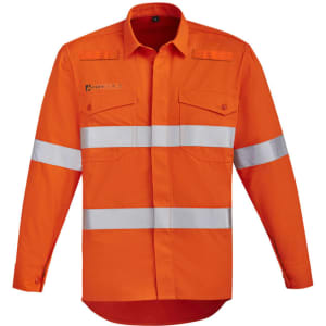 An orange hi-vis open front shirt featuring hoop tape with long sleeves and two chest pockets.