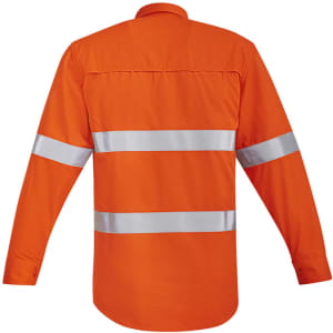 An orange hi-vis work shirt with hoop-taped reflective stripes on the back and long sleeves.
