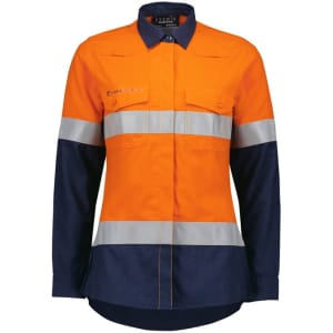 A lightweight women's shirt featuring an orange body and navy blue sleeves, with reflective stripes and pockets.