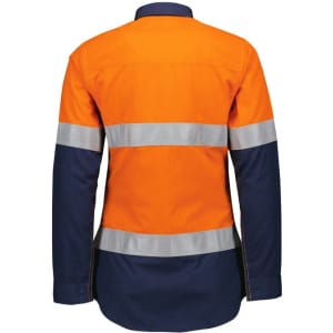 A lightweight ripstop shirt in orange with navy blue sleeves and reflective tape details on the back.