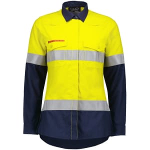 A lightweight, long-sleeve work shirt in fluorescent yellow and navy with reflective tape and a logo.